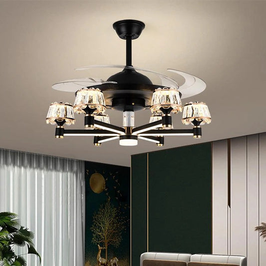 HDC Ceiling Fan Chandelier With 3 Layer Crystal Gold And Remote Control 4 Retractable Abs Blades - Warm White