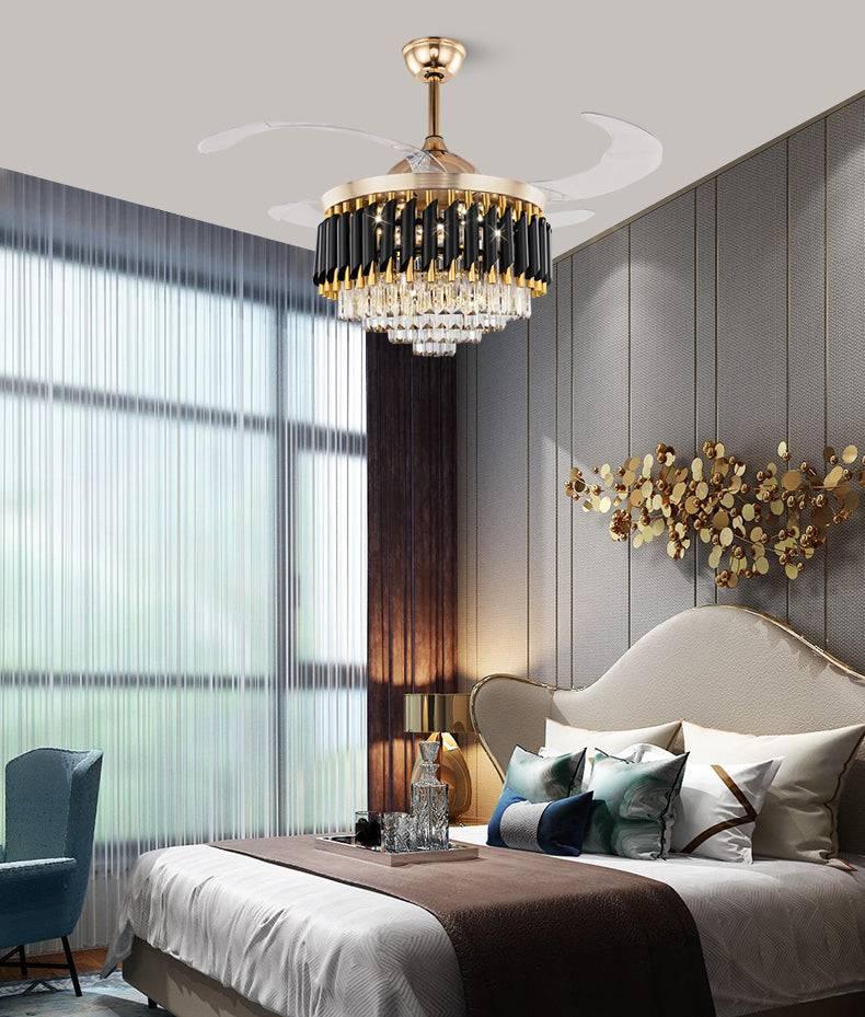 HDC 42" Modern Creative Design Chandelier Ceiling Fan with LED Lighting,Crystal Chandelier Fan Gold Retractable Ceiling Fan Light