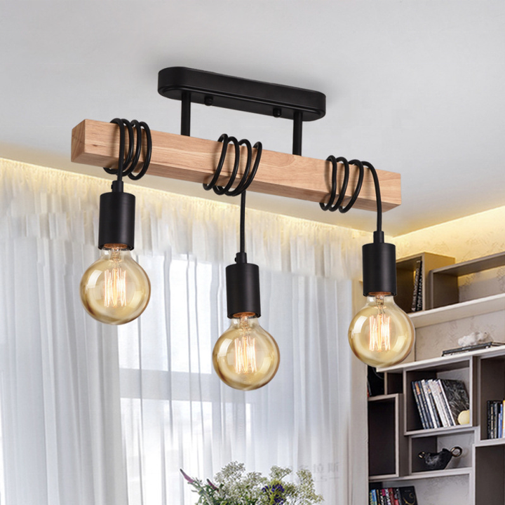 Hdc 3 Heads Wooden Adjustable Pendent Chandelier Light Vintage Semi Flush Ceiling Light Living