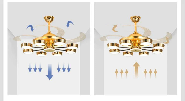 Hdc Golden 8 Rings Ceiling Fan Chandelier With Remote Control 4 Retractable Abs Blades - Tricolor