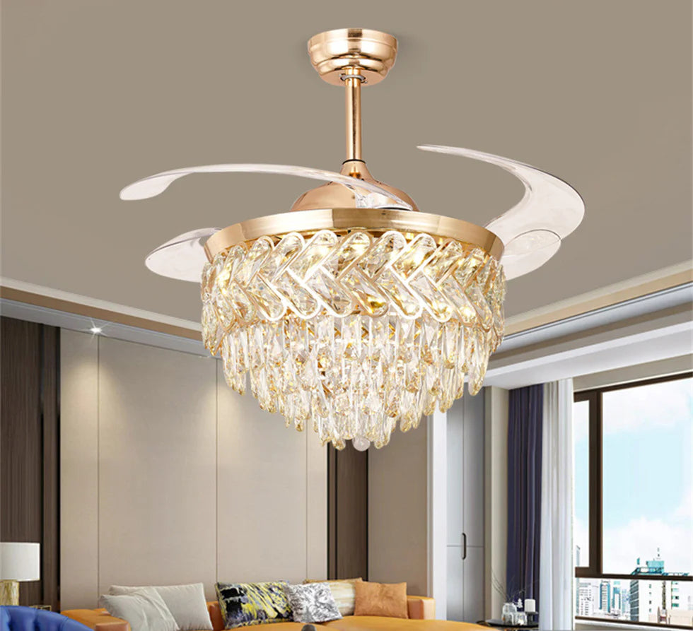 HDC Crystal Ceiling Fans with Lights Retractable Blades Remote Control Modern Luxury LED Chandelier Fan 3 Speeds 3 Color Changes Lighting Fixtures