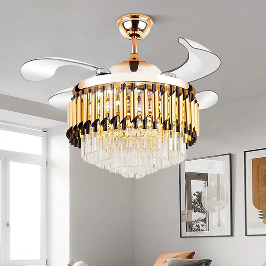 Hdc Invisible Gold Black Ceiling Fan Chandelier With K9 Crystal And Remote Control 4 Retractable Abs Blades - Tricolor