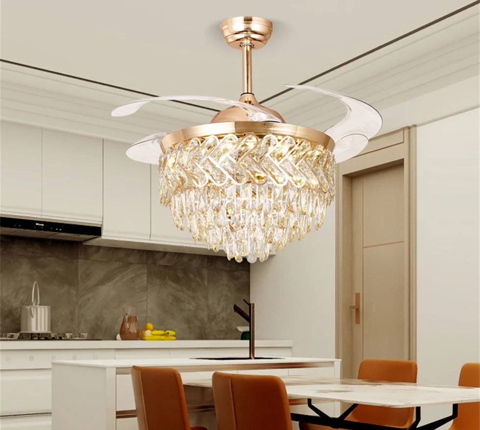 HDC Crystal Ceiling Fans with Lights Retractable Blades Remote Control Modern Luxury LED Chandelier Fan 3 Speeds 3 Color Changes Lighting Fixtures