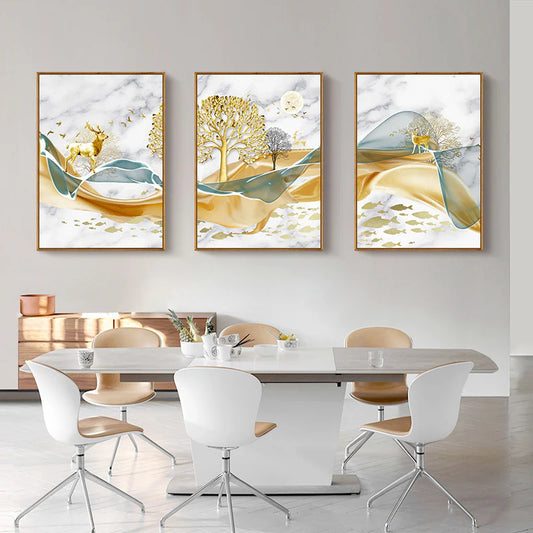 Hdc Modern Crystal Painting Set with Metal Framing - Golden Frame, Crystal & Glass Work (Set of 3)