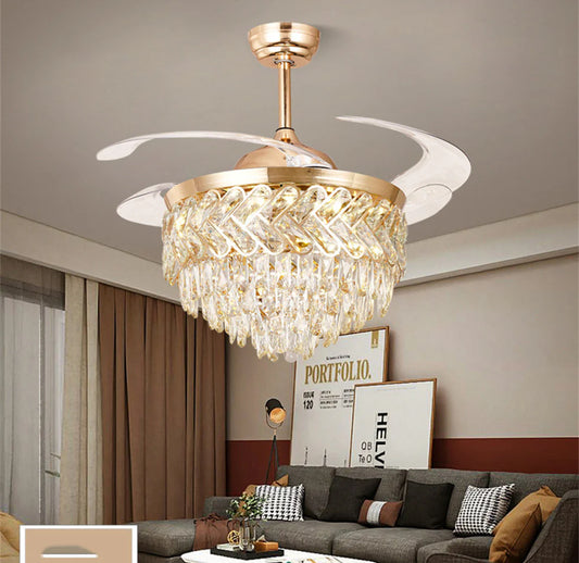 HDC Crystal Ceiling Fans with Lights Retractable Blades Remote Control Modern Luxury LED Chandelier Fan 3 Speeds 3 Color Changes Lighting Fixtures