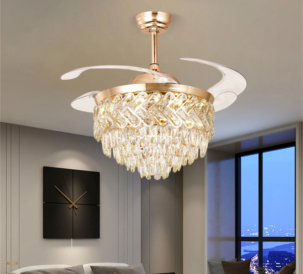 HDC Crystal Ceiling Fans with Lights Retractable Blades Remote Control Modern Luxury LED Chandelier Fan 3 Speeds 3 Color Changes Lighting Fixtures