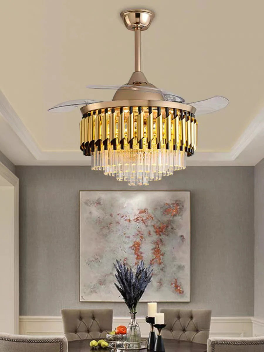 Hdc Invisible Gold Black Ceiling Fan Chandelier With K9 Crystal And Remote Control 4 Retractable Abs Blades - Tricolor