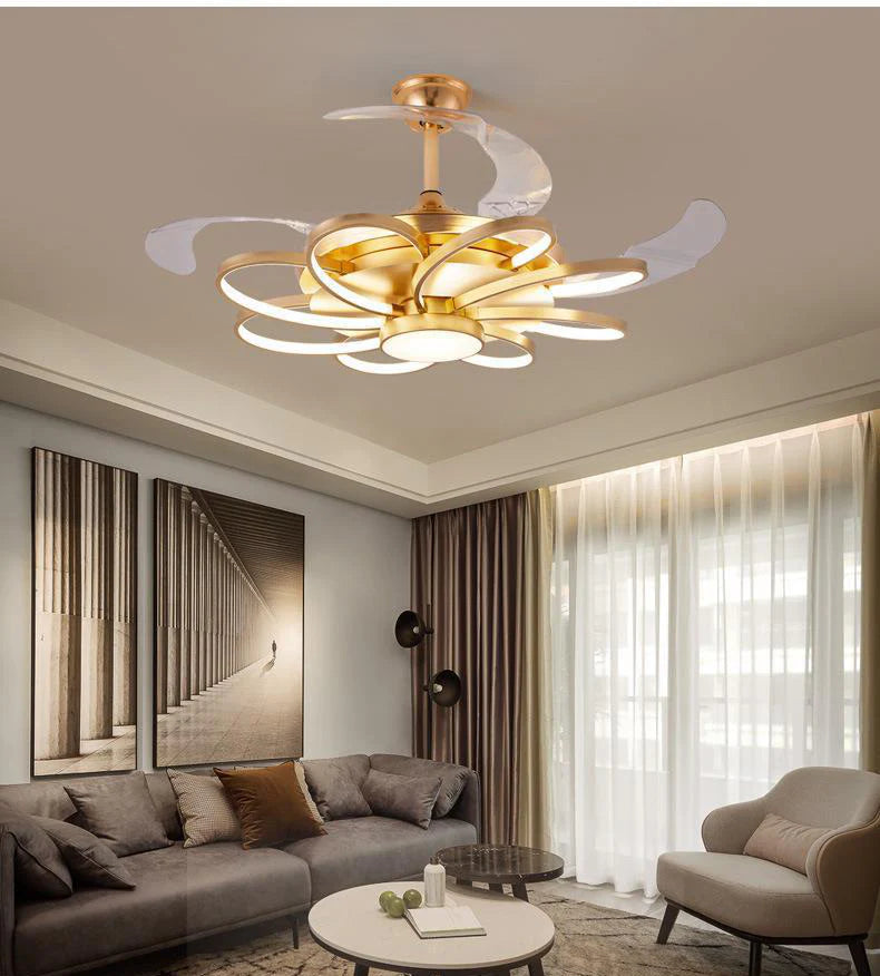 Hdc Invisible Golden Oval Rings Ceiling Fan Chandelier With Remote Control 4 Retractable Abs Blades