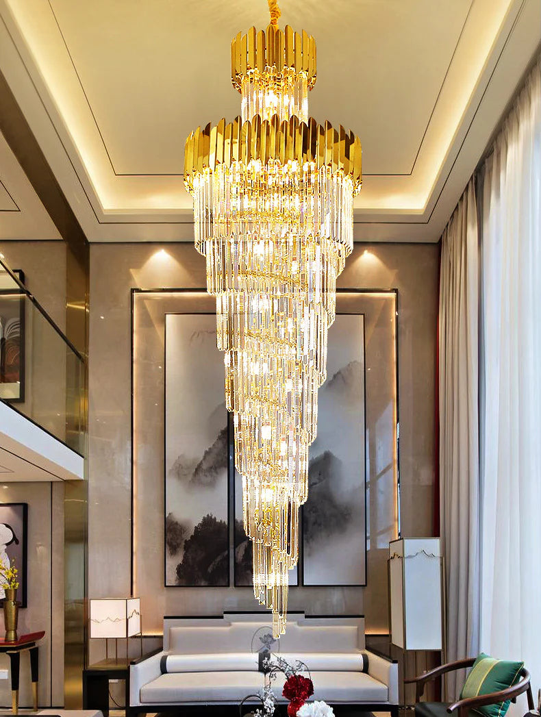 HDC 600*1800MM Golden Luxury Modern Crystal Double Height Chandelier For Staircase