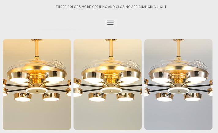 Hdc Golden 8 Rings Ceiling Fan Chandelier With Remote Control 4 Retractable Abs Blades - Tricolor