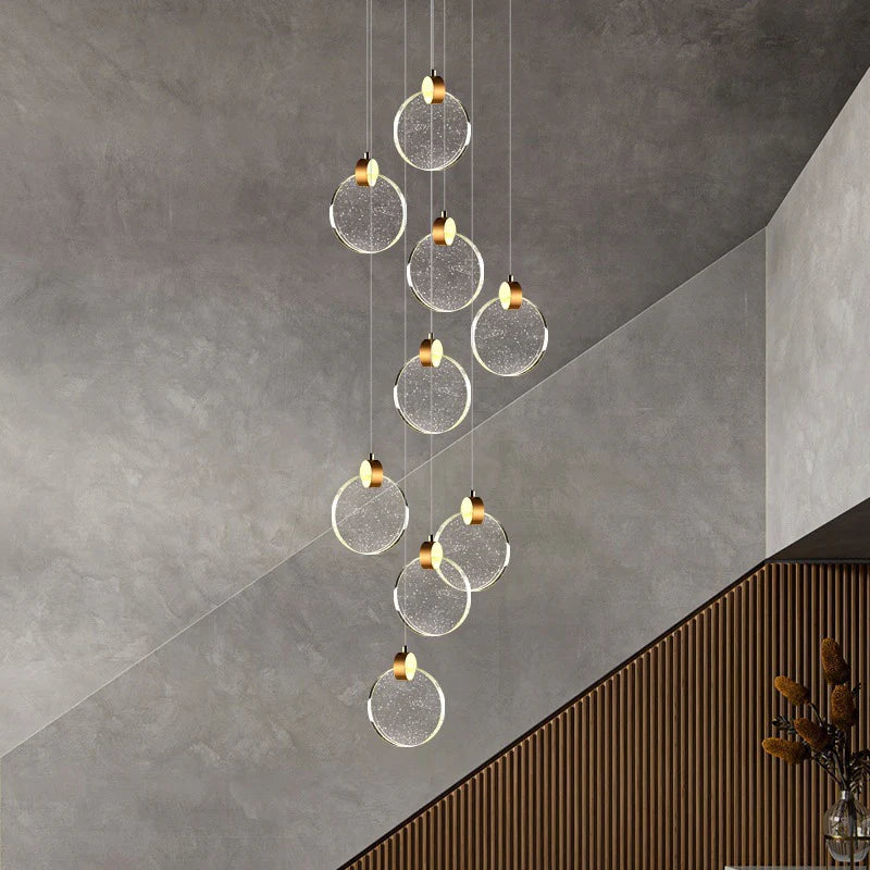 HDC 12 Lights Light Led Crystal Ring Double Height Stair Chandelier- Tricolor