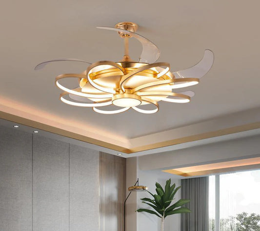 Hdc Invisible Golden Oval Rings Ceiling Fan Chandelier With Remote Control 4 Retractable Abs Blades