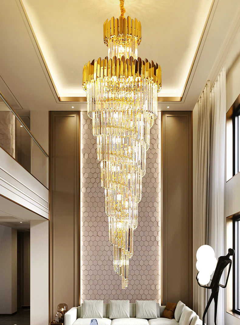 HDC 600*1800MM Golden Luxury Modern Crystal Double Height Chandelier For Staircase