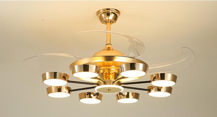 Hdc Golden 8 Rings Ceiling Fan Chandelier With Remote Control 4 Retractable Abs Blades - Tricolor