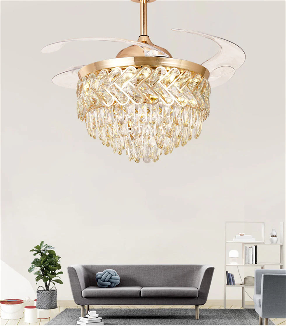 HDC Crystal Ceiling Fans with Lights Retractable Blades Remote Control Modern Luxury LED Chandelier Fan 3 Speeds 3 Color Changes Lighting Fixtures