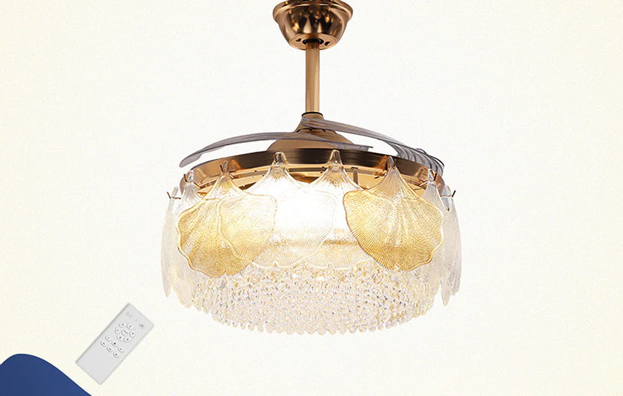 Hdc Feather Glass Crystal Ceiling Fan Chandelier Luxury Gold Retractable Light Led 3 Color Setting Control With Remote