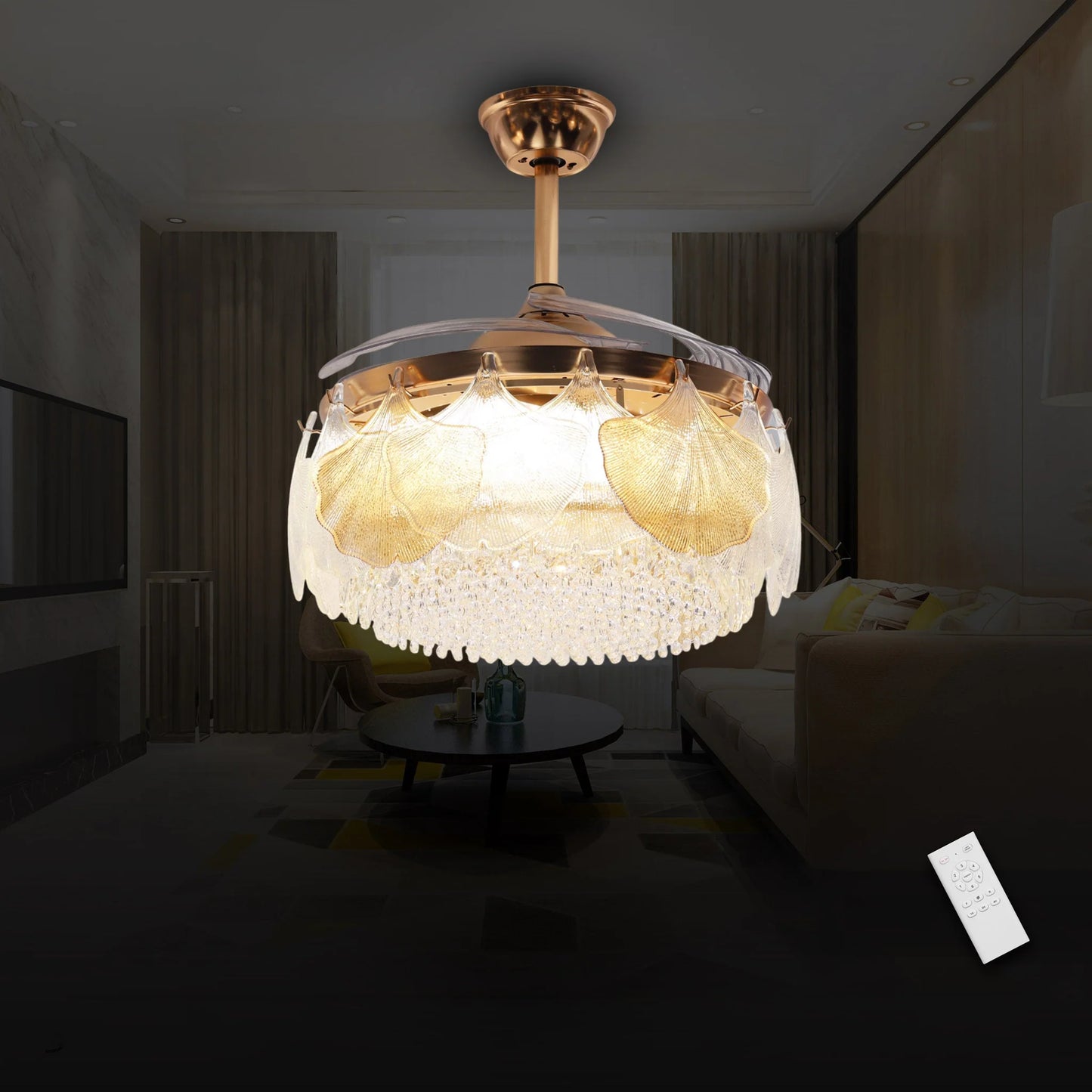 Hdc Feather Glass Crystal Ceiling Fan Chandelier Luxury Gold Retractable Light Led 3 Color Setting Control With Remote