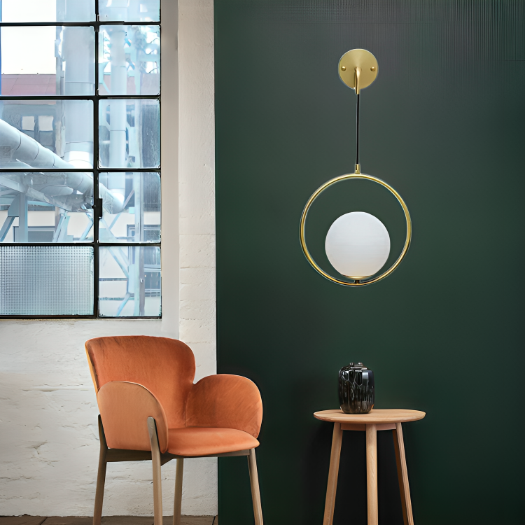 HDC Metal & Glass Ring Shape Design with Globe Glass, Golden & Milky Glass Wall Lamp Lighting for Decor Home, Living Room, Bedroom, Office