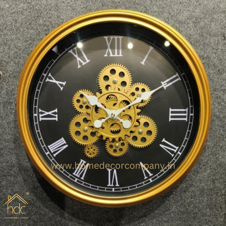 HDC Modern Black Gold Royal Metal Gear Mechanical Clock Style 43CM