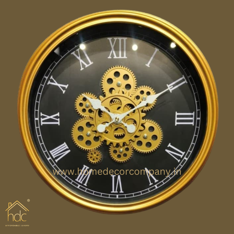 HDC Modern Black Gold Royal Metal Gear Mechanical Clock Style 43CM