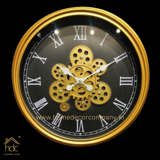 HDC Modern Black Gold Royal Metal Gear Mechanical Clock Style 43CM