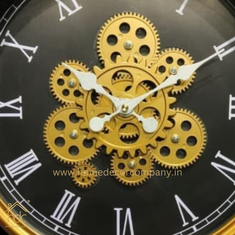 HDC Modern Black Gold Royal Metal Gear Mechanical Clock Style 43CM