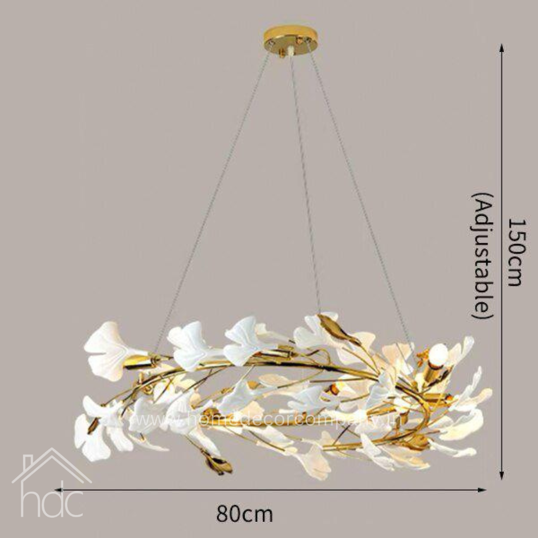 Hdc 600/800MM Traditional French Ginkgo Leaf Dome Rectangle Top Round Linear Iron Ceramic Chandelier For Bedroom