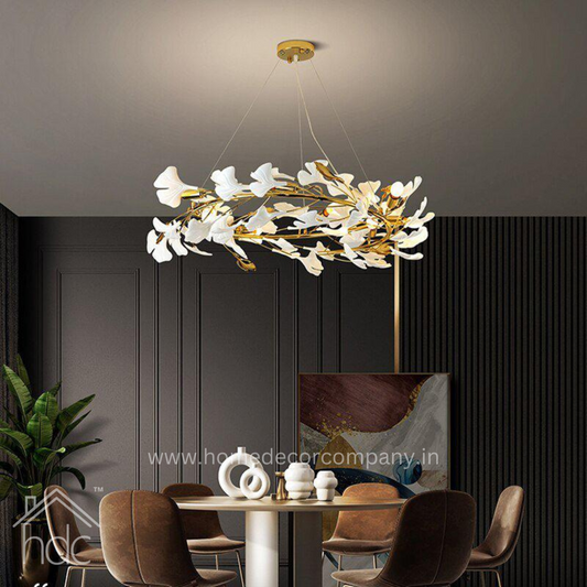 Hdc 600/800MM Traditional French Ginkgo Leaf Dome Rectangle Top Round Linear Iron Ceramic Chandelier For Bedroom