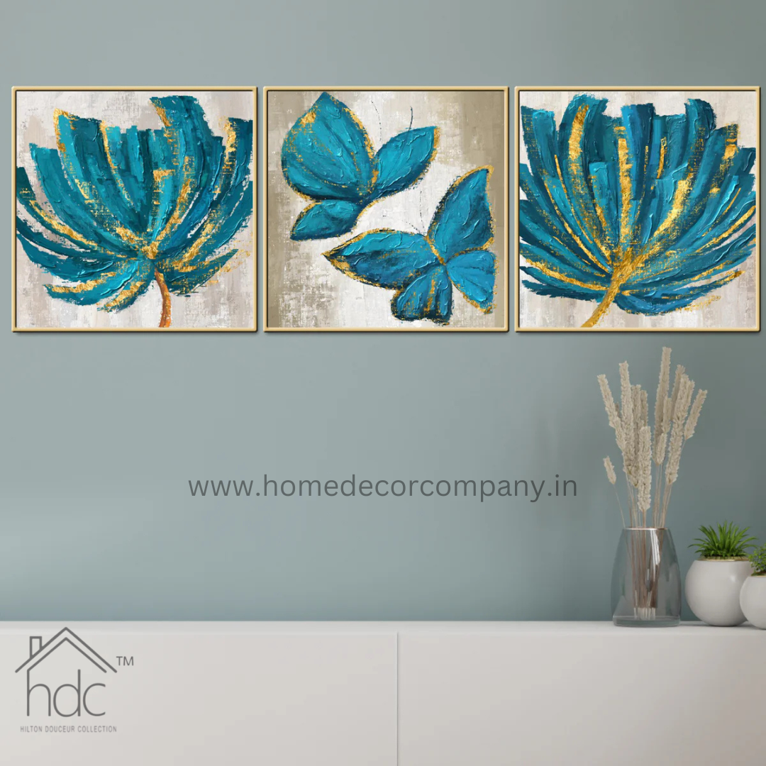 Hdc Modern Crystal Painting Set with Golden Frame Lima Butterfly & Leaf Framed Canvas Print- 3 Pieces, 16x24 inches