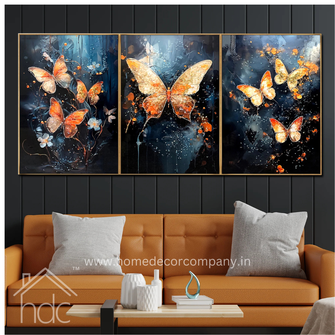 Hdc Modern Crystal Painting Set Painting of Ethereal Butterfly Wings Crystal Glass Painting  for Home Decoration And Office Decor with Golden Frame Canvas Print- 3 Pieces, 16x24 inches