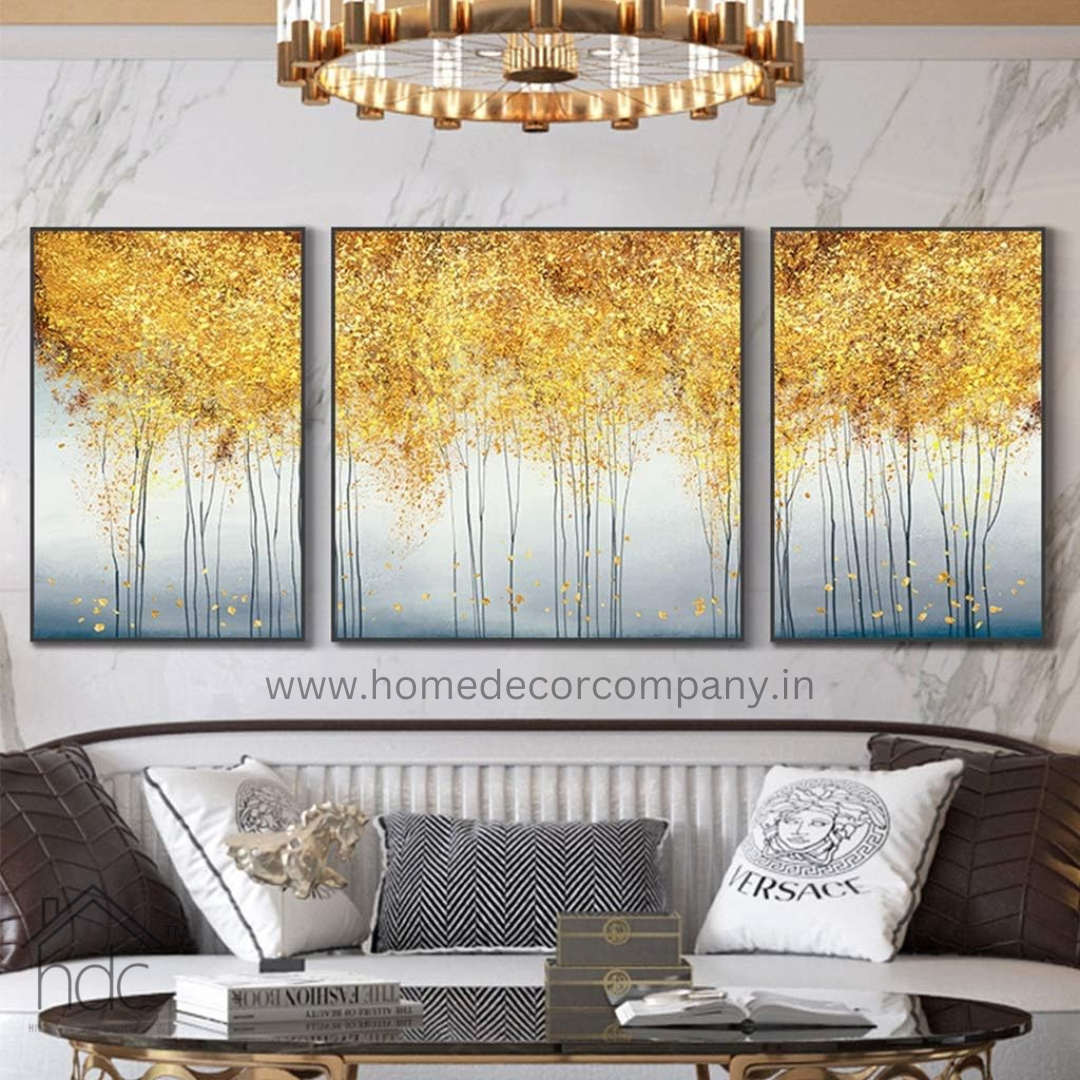 Hdc Modern Crystal Painting Set for Forest Tree Art Gold Paintings Wall Art Home Decoration with Golden Frame Canvas Print- 2 Pieces, 16x24 inches 1 piece 24x32 inches