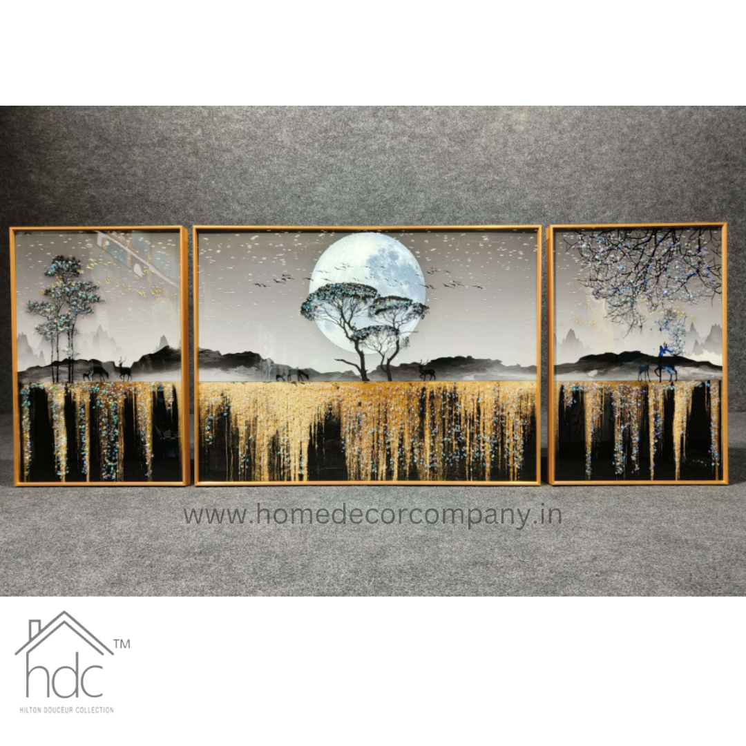 Hdc Modern Crystal Painting of Golden Nights Moon Tree Textured Art Horizontal Framed Wall Art Home Decoration with Golden Frame Canvas Print- 2 Pieces, 16x24 inches 1 piece 24x32 inches