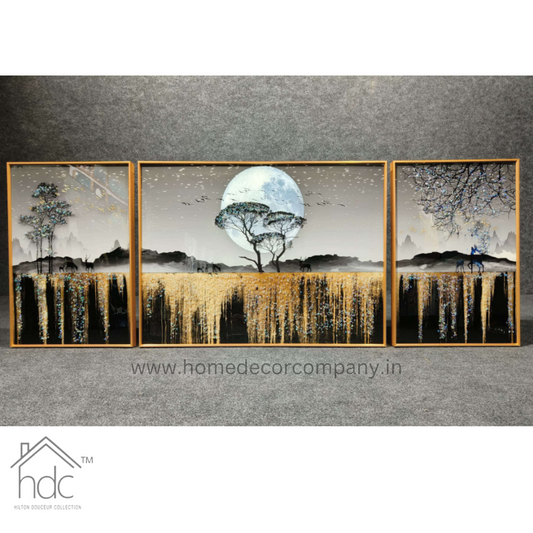 Hdc Modern Crystal Painting of Golden Nights Moon Tree Textured Art Horizontal Framed Wall Art Home Decoration with Golden Frame Canvas Print- 2 Pieces, 16x24 inches 1 piece 24x32 inches