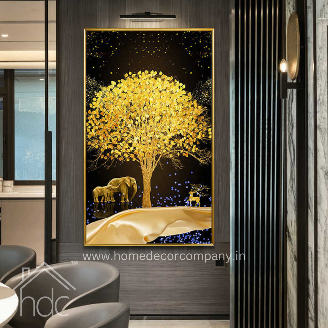 Hdc Luxury Modern crystal Painting of Golden Tree Family of Elephant & Deer for Home Decor and Living Room Decoration with Golden Frame Canvas Print- 24x48 inches