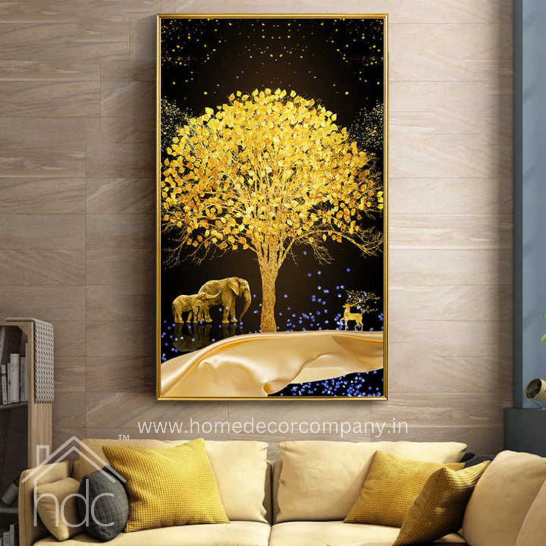 Hdc Luxury Modern crystal Painting of Golden Tree Family of Elephant & Deer for Home Decor and Living Room Decoration with Golden Frame Canvas Print- 24x48 inches