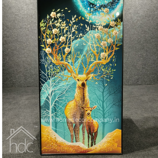 Hdc Luxury Modern crystal Painting of Christmas Deer for Home Decor and Living Room Decoration with Golden Frame Canvas Print- 24x48 inches