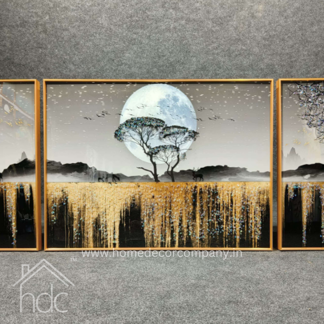 Hdc Modern Crystal Painting of Golden Nights Moon Tree Textured Art Horizontal Framed Wall Art Home Decoration with Golden Frame Canvas Print- 2 Pieces, 16x24 inches 1 piece 24x32 inches