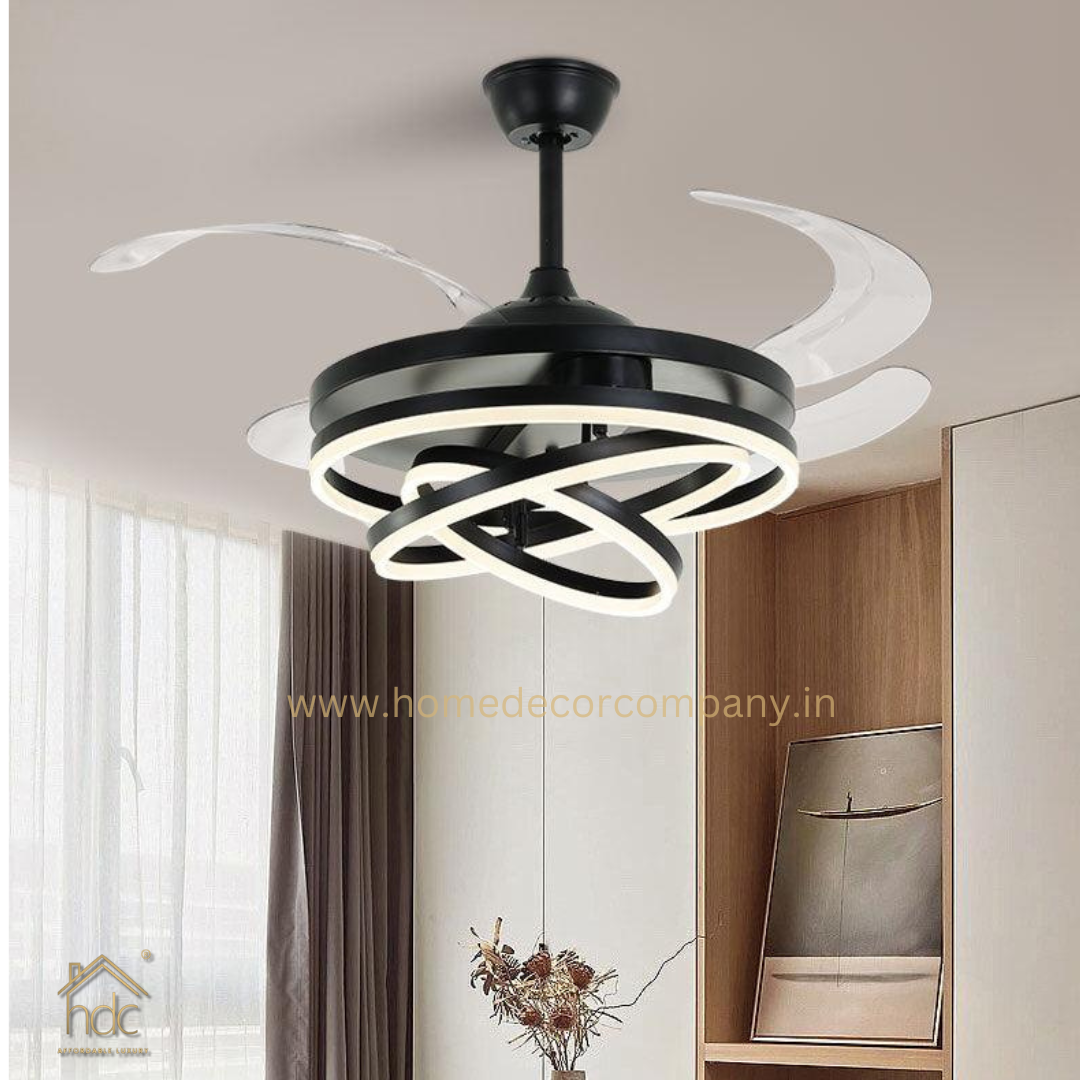 Hdc Invisible Black Rings Ceiling Fan Chandelier with Remote Control 4 Retractable ABS Blades - Warm White