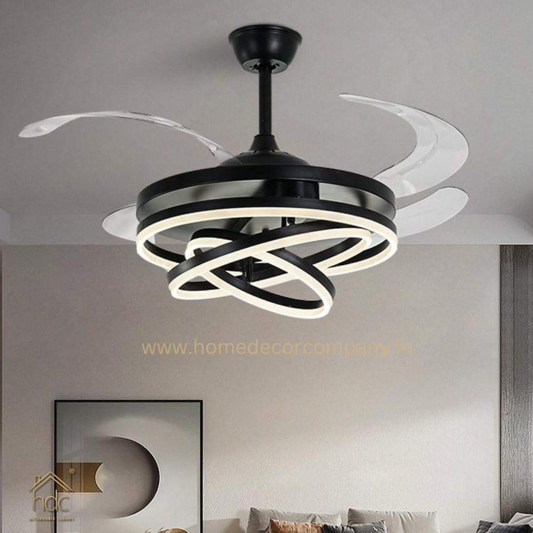 Hdc Invisible Black Rings Ceiling Fan Chandelier with Remote Control 4 Retractable ABS Blades - Warm White