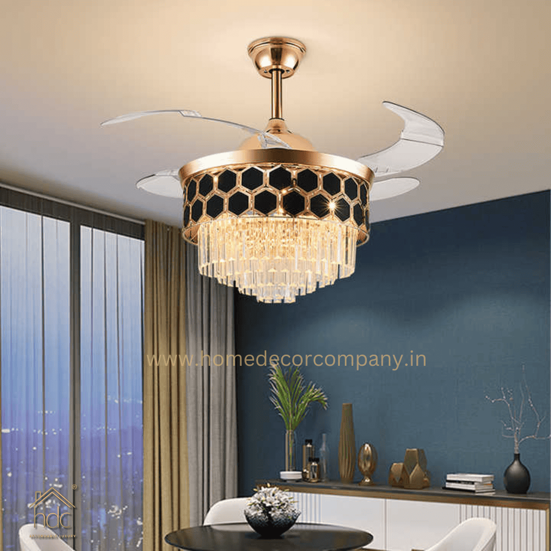 HDC Crystal Ceiling Fan Chandelier Luxury Hiding Quiet 42 Inch Hexa Black Gold Retractable 3 Color Setting, Dual Control-Remote