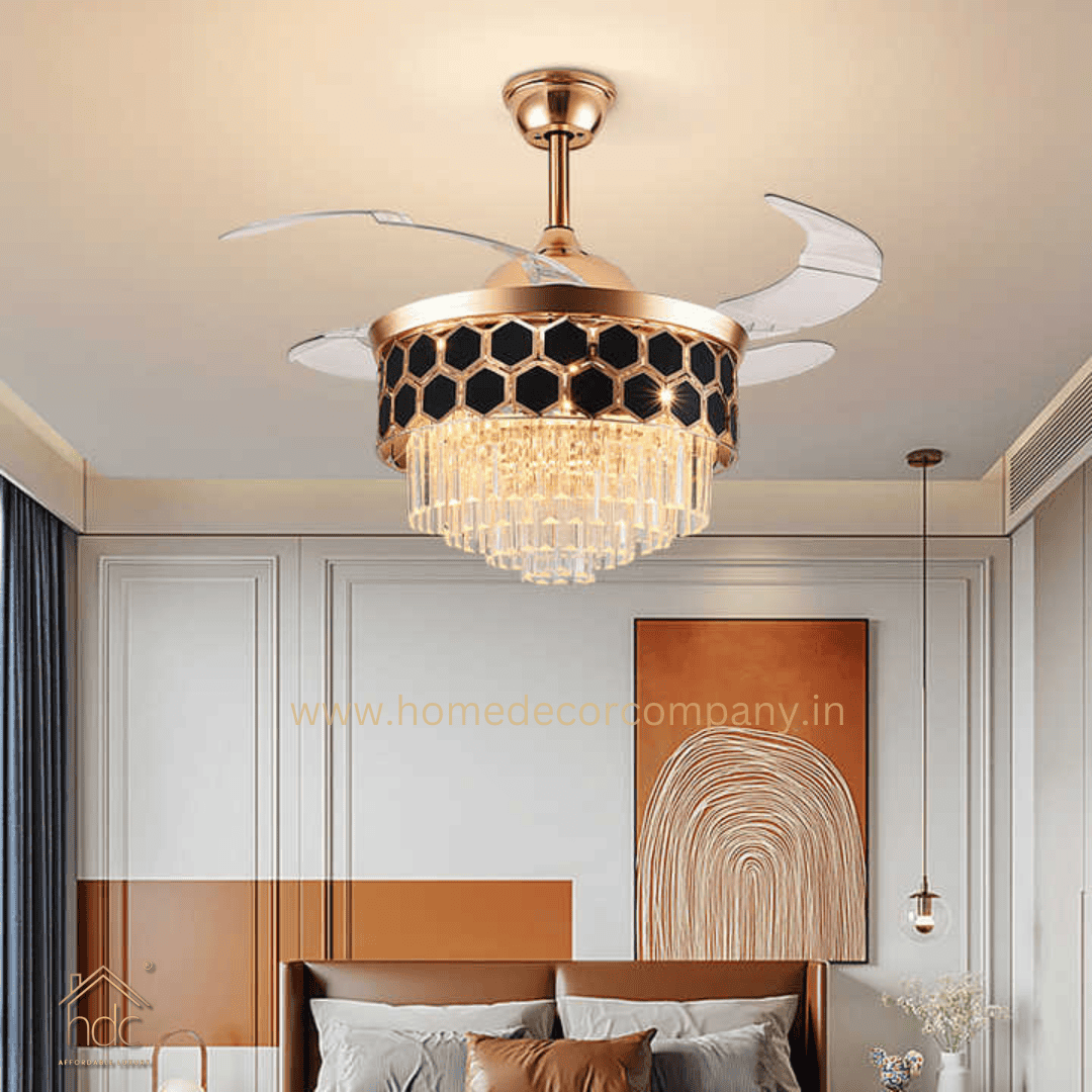 HDC Crystal Ceiling Fan Chandelier Luxury Hiding Quiet 42 Inch Hexa Black Gold Retractable 3 Color Setting, Dual Control-Remote