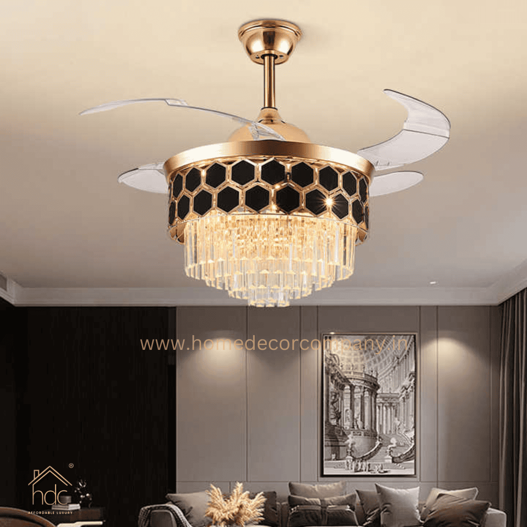 HDC Crystal Ceiling Fan Chandelier Luxury Hiding Quiet 42 Inch Hexa Black Gold Retractable 3 Color Setting, Dual Control-Remote