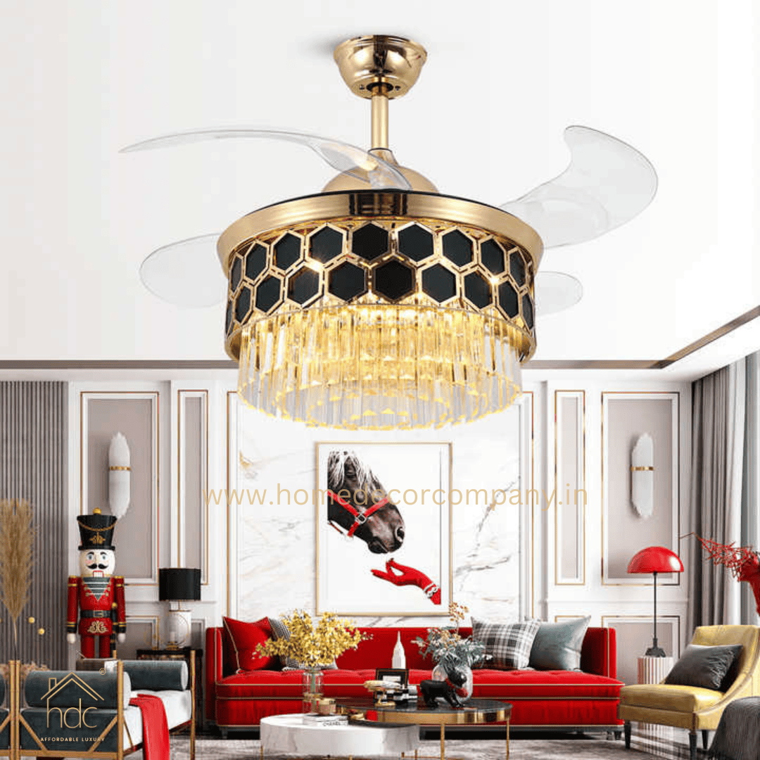 HDC Crystal Ceiling Fan Chandelier Luxury Hiding Quiet 42 Inch Hexa Black Gold Retractable 3 Color Setting, Dual Control-Remote